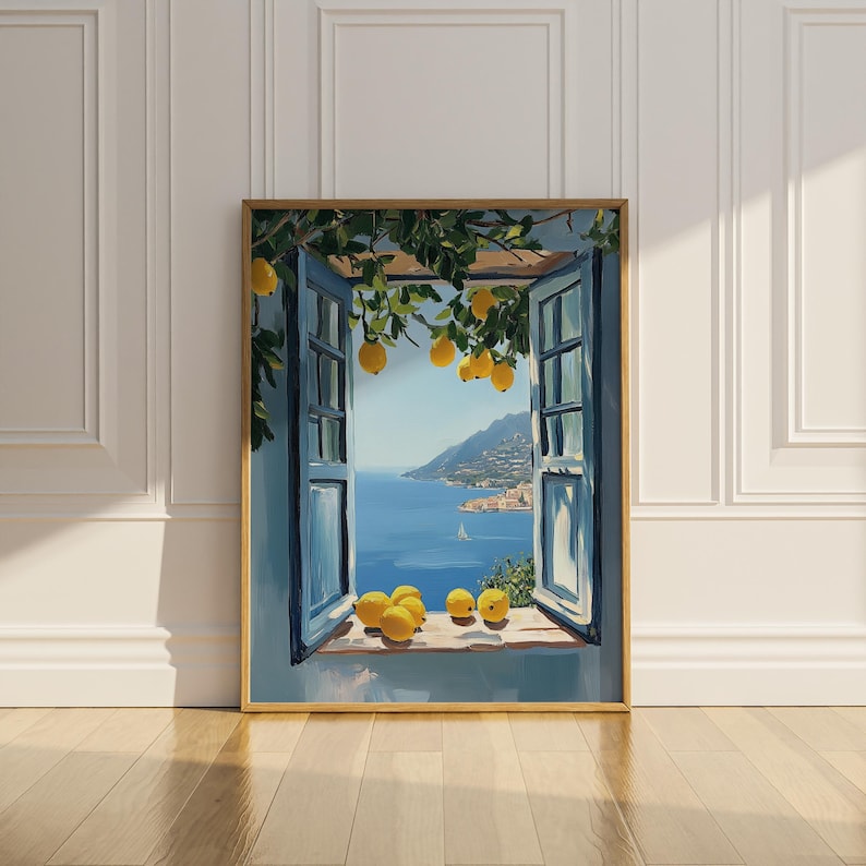 Open Window Scene Poster Print Mediterranean Sea Wall Art Coastal Lemon ...