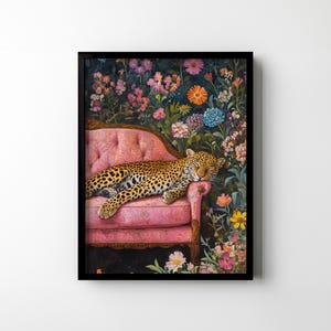 Leopard Poster Print Vintage Pink Sofa Wildflowers Flowers Floral Wall Art Artful Trendy Modern Home Decor Animal Lover Gift Matte Poster afbeelding 7