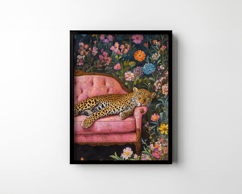 Leopard Poster Print Vintage Pink Sofa Wildflowers Flowers Floral Wall Art Artful Trendy Modern Home Decor Animal Lover Gift Matte Poster afbeelding 7