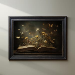 Wildflower Book Lover Wall Art Floral Bookworm Wall Decor Dark Academia Vintage Oil Painting Literary Bookish Reading Nook Matte Poster