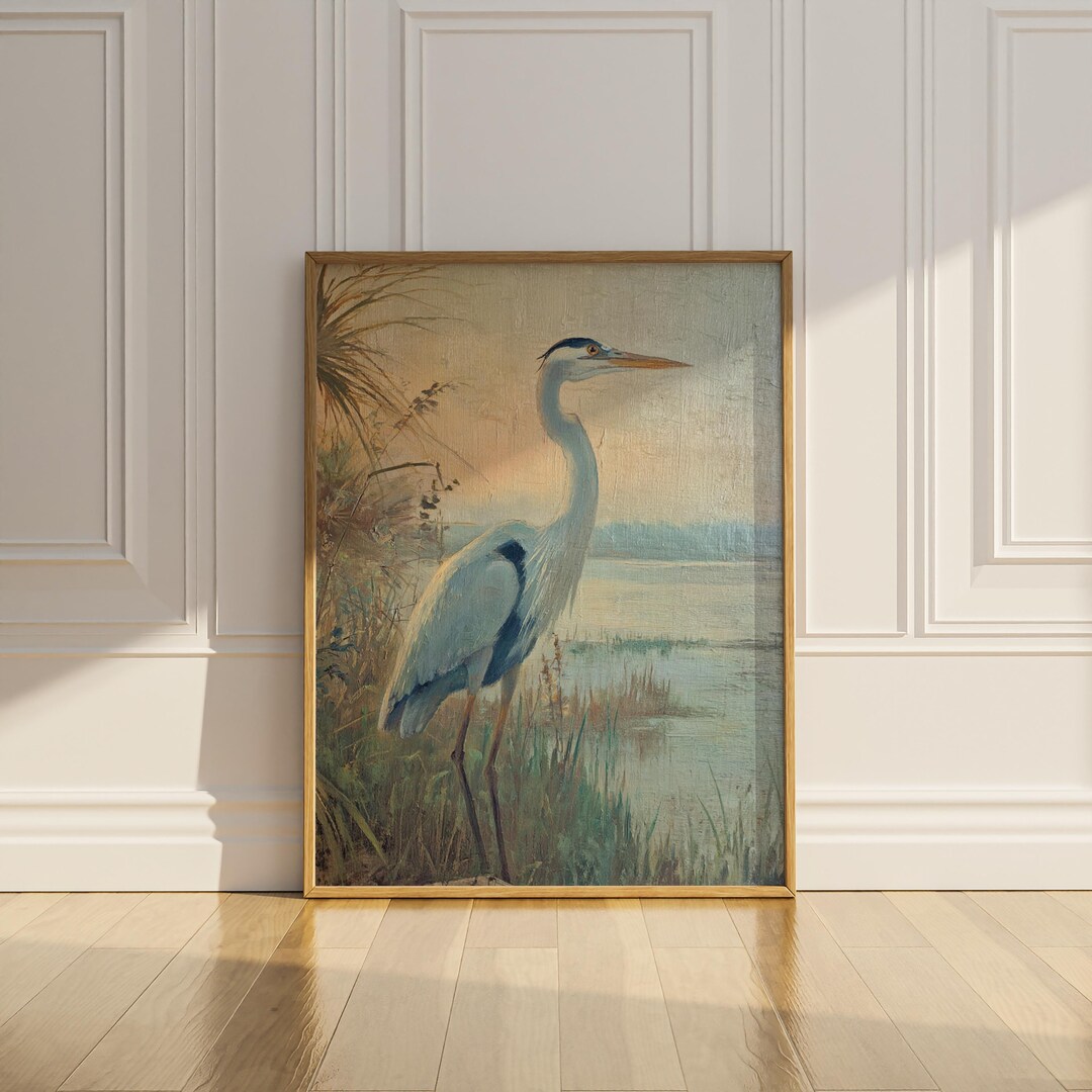Blue Heron Wall Art Print Coastal Bird Wall Decor Vintage Oil Painting ...