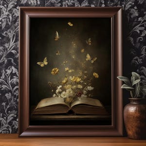 Wildflower Book Lover Wall Art Floral Printable Wall Decor Dark Academia Fairycore Oil Painting Literary Bookish Reading Digital Download