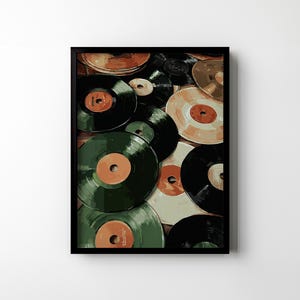May include: A framed print showing a collection of vintage vinyl records. The records are in various colors, including black, green, and tan, with orange and tan labels. The artwork is set against a wooden background, creating a nostalgic aesthetic.