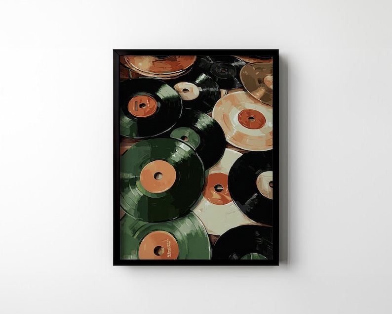 May include: A framed print showing a collection of vintage vinyl records. The records are in various colors, including black, green, and tan, with orange and tan labels. The artwork is set against a wooden background, creating a nostalgic aesthetic.
