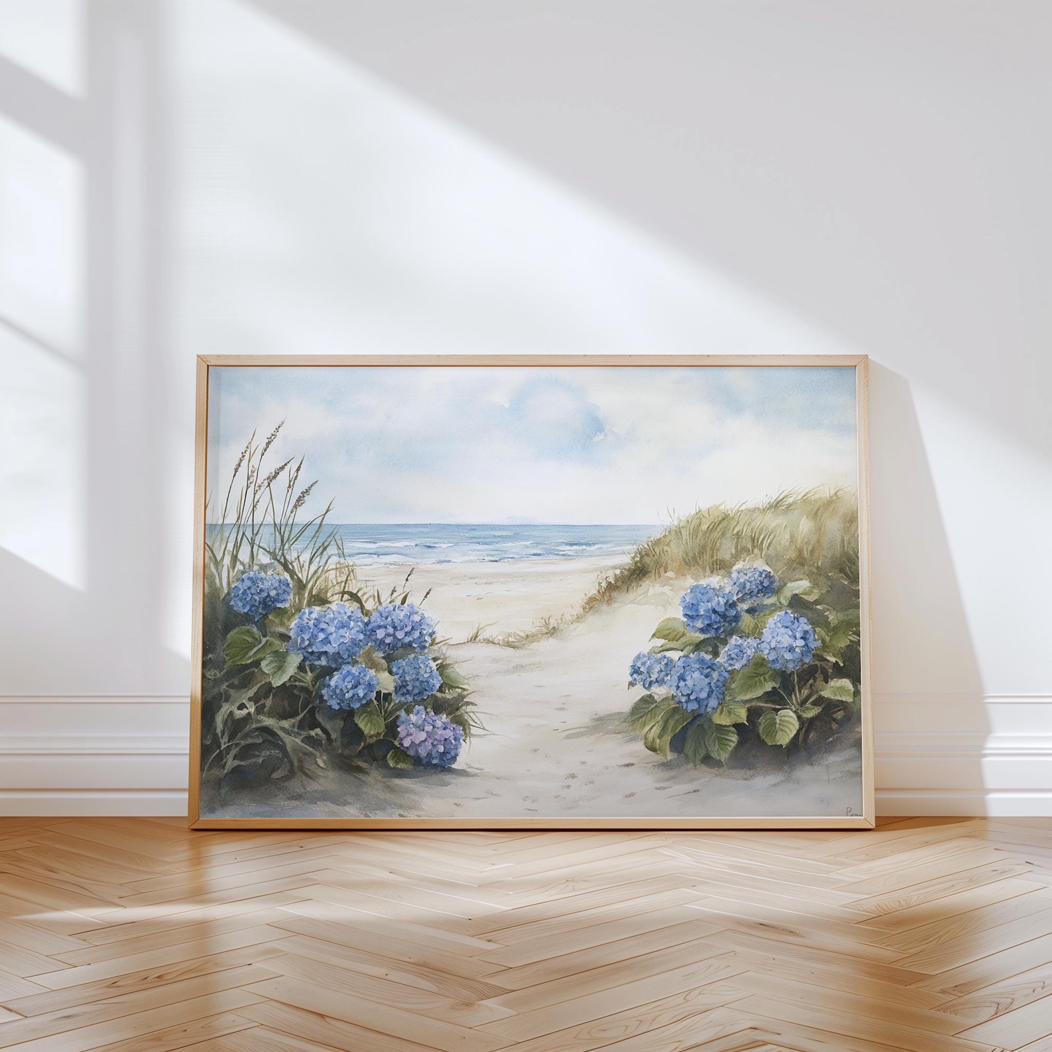 Impression d'affiche d'hortensias côtiers, art mural, décoration murale de fleurs de novembre, peinture à l'aquarelle, affiche de ferme floral bleu neutre doux