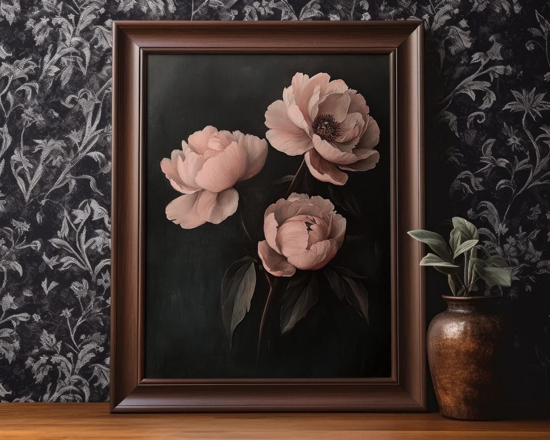 Dark Peony Flowers Poster Print Floral Peonies Wall Art Vintage Oil ...