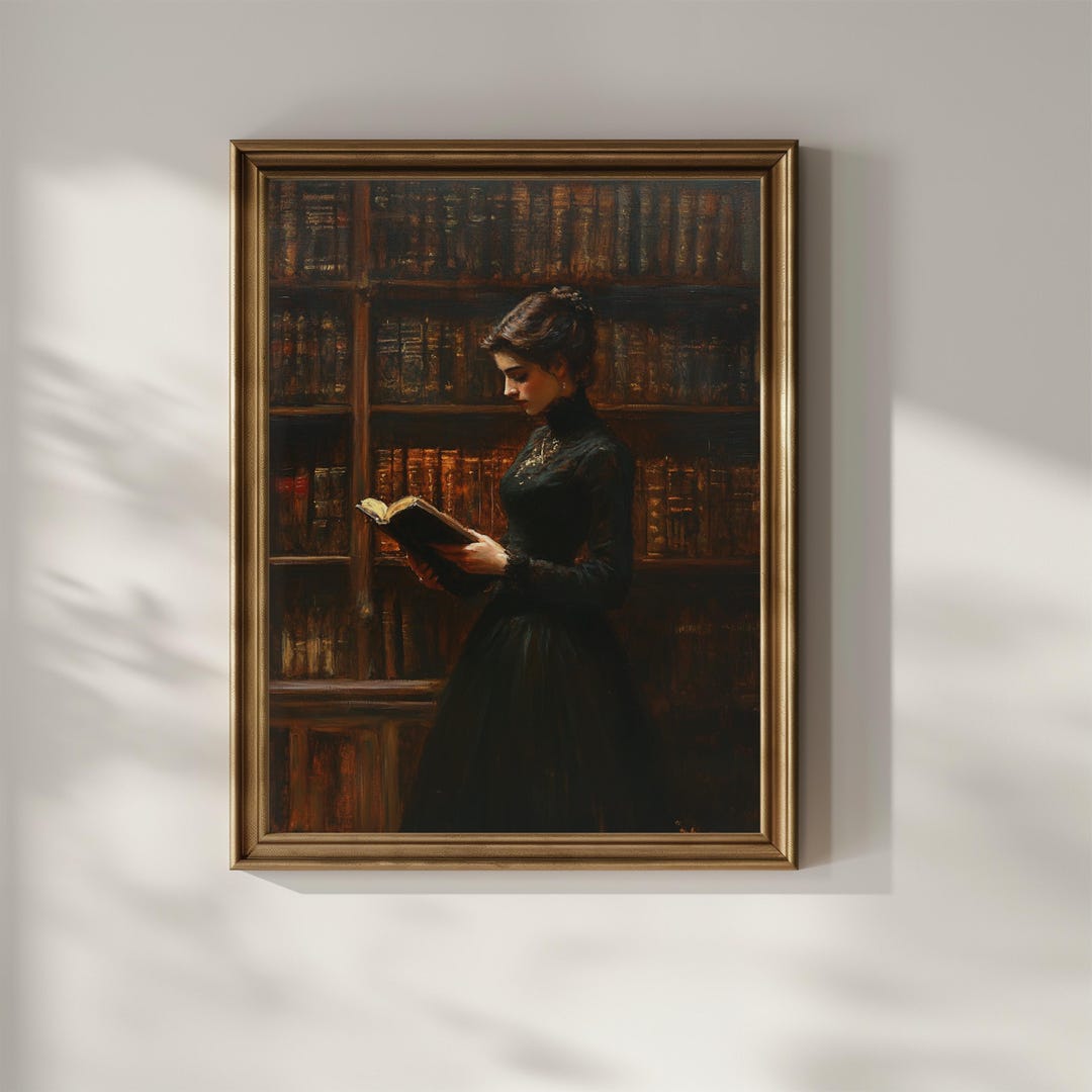 Victorian Woman Reading Book Wall Art Printable Bookish Wall Decor Dark ...