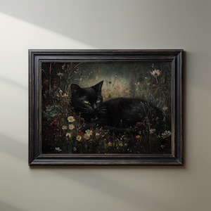 Black Cat Wildflower Poster Print Wall Art Dark Academia Maximalist Wall Decor Artful Gothic Cat Moody Vintage Oil Painting Matte Poster