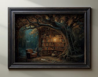 May include: Framed artwork depicting a cozy library scene nestled within a large tree. The image features a brown leather armchair, a ladder, and shelves filled with books. The artwork has a dark, warm color palette with a soft glow from a central light.