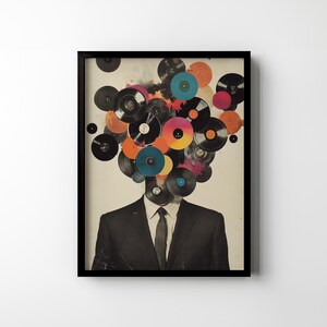 May include: A framed art print featuring a man in a black suit with a tie. His head is replaced by a collection of colorful vinyl records in various sizes. The records are in shades of black, orange, pink, and blue.