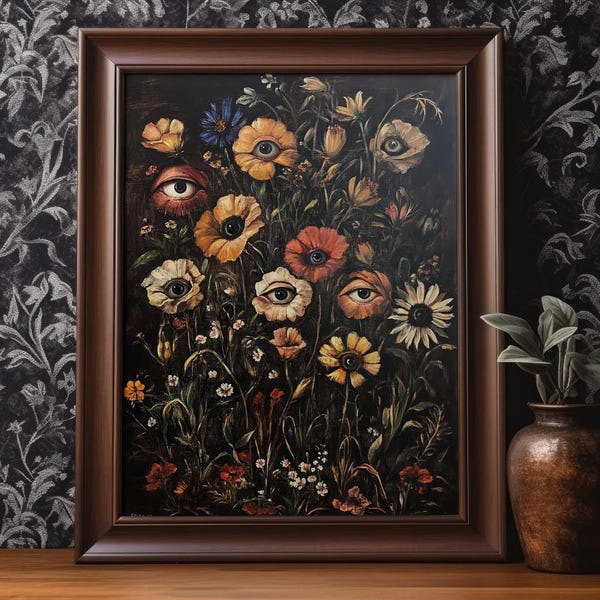 Witchy Wildflower Eyes Poster Print Moody Flowers Dark Botanical Wall Art Antique Oil Painting Goth Gothic Floral Wall Decor Matte Poster