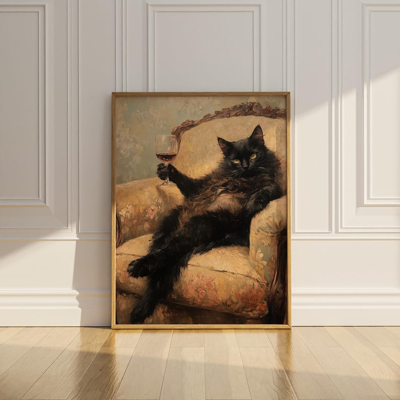 Black Cat Wine Wall Art Desert Funny Cat Wall Decor Vintage Oil ...