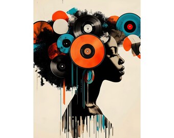 Vinyl Records Poster Print Vintage Collage Black Woman Graffiti Wall Art DJ Retro African Soul Afro Music Lover Wall Decor Gift Matte Poster