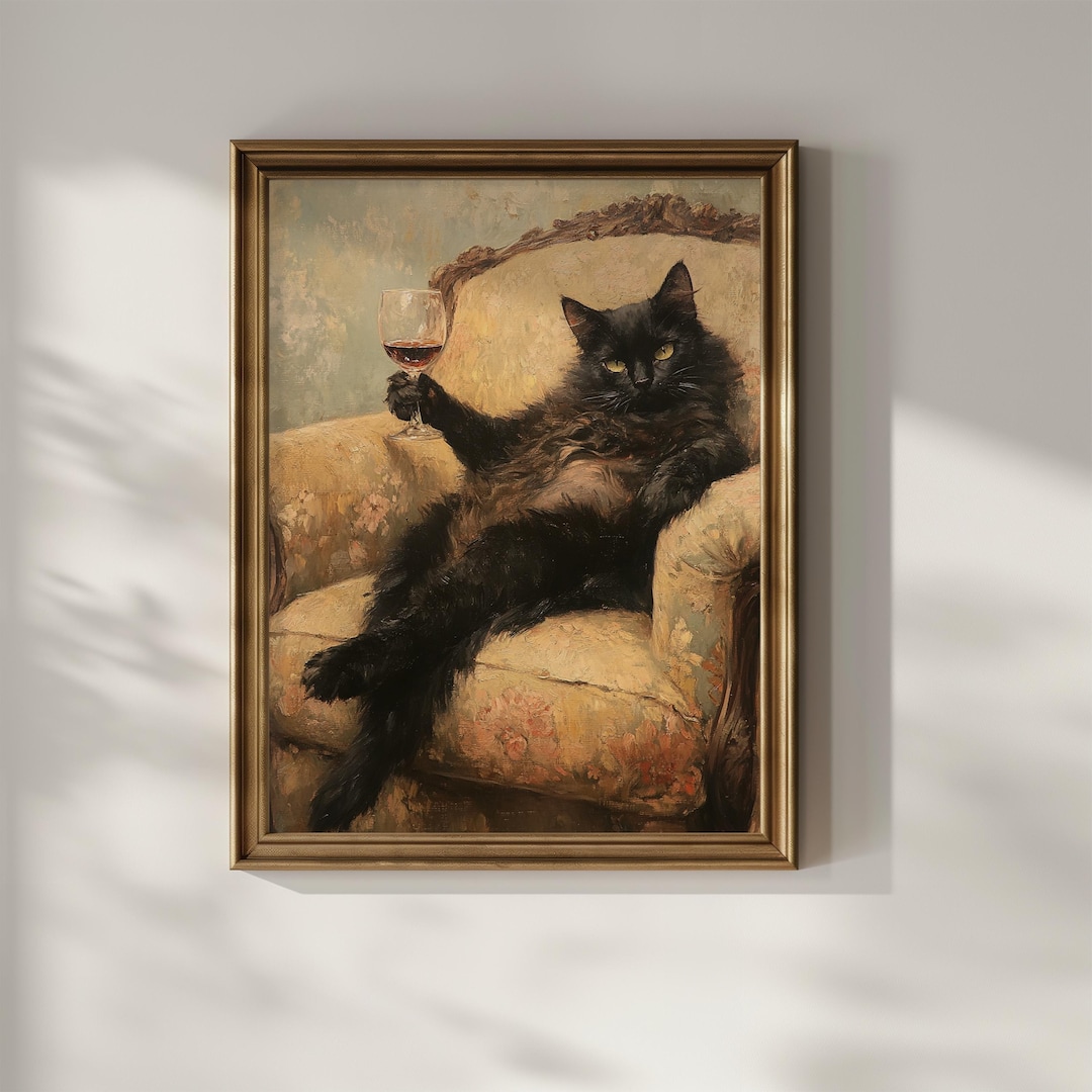 Black Cat Wine Wall Art Desert Funny Cat Wall Decor Vintage Oil ...