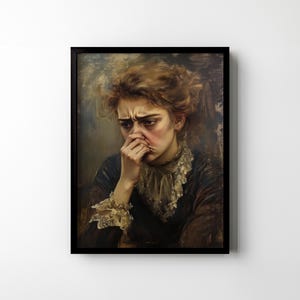 May include: A painting of a woman with dark brown hair, wearing a dark dress with lace trim. She is looking down and has her hand to her face, as if she is crying.