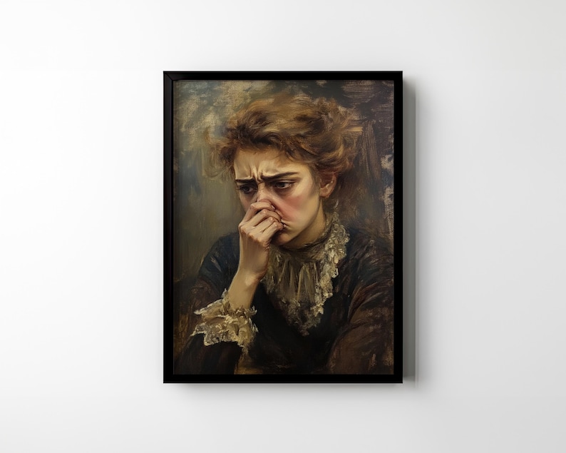 May include: A painting of a woman with dark brown hair, wearing a dark dress with lace trim. She is looking down and has her hand to her face, as if she is crying.