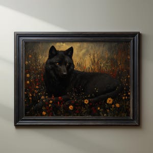 Black Wolf Printable Wall Art Dark Academia Wildflower Wall Decor Vintage Floral Oil Painting Aesthetic Gothic Animal Moody Print Download