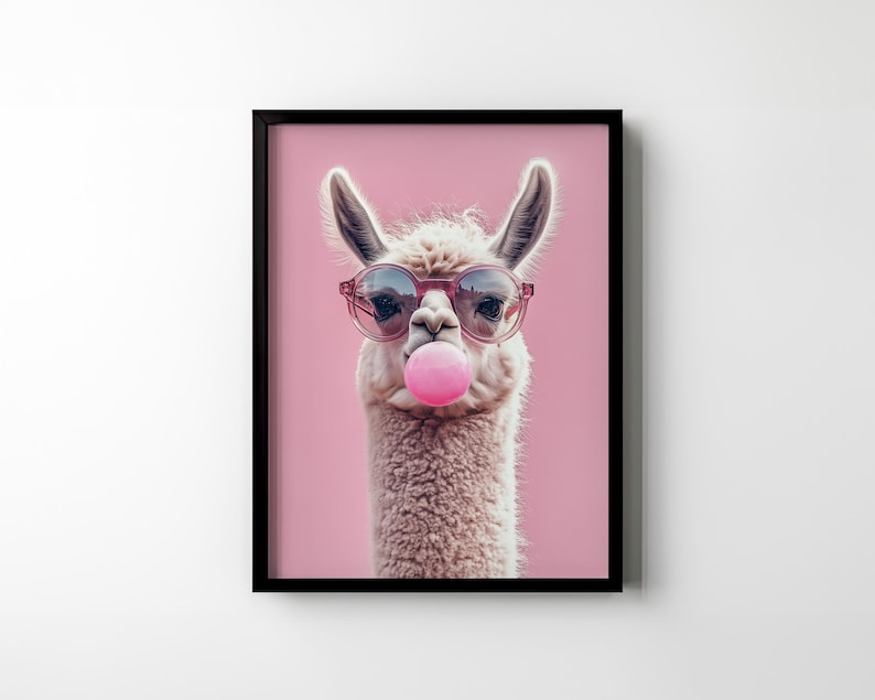 May include: A white llama wearing pink sunglasses and blowing a pink bubble on a pink background.