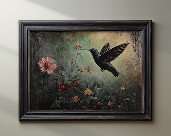 Black Hummingbird Wildflower Poster Print Floral Wall Art Dark Academia Maximalist Wall Decor Artful Gothic Vintage Oil Painting Poster