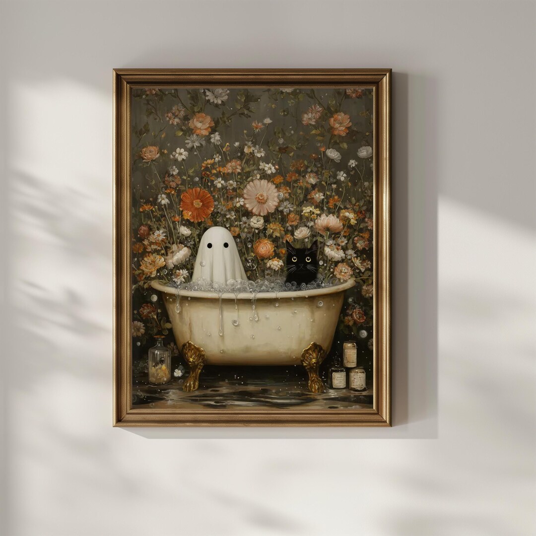 Black Cat Ghost Wall Art Print Funny Halloween Wall Decor Dark Academia ...