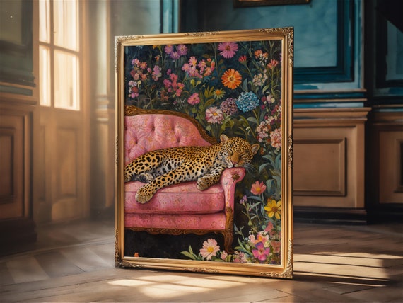 Leopard Poster Print Vintage Pink Sofa Wildflowers Flowers Floral Wall Art Artful Trendy Modern Home Decor Animal Lover Gift Matte Poster