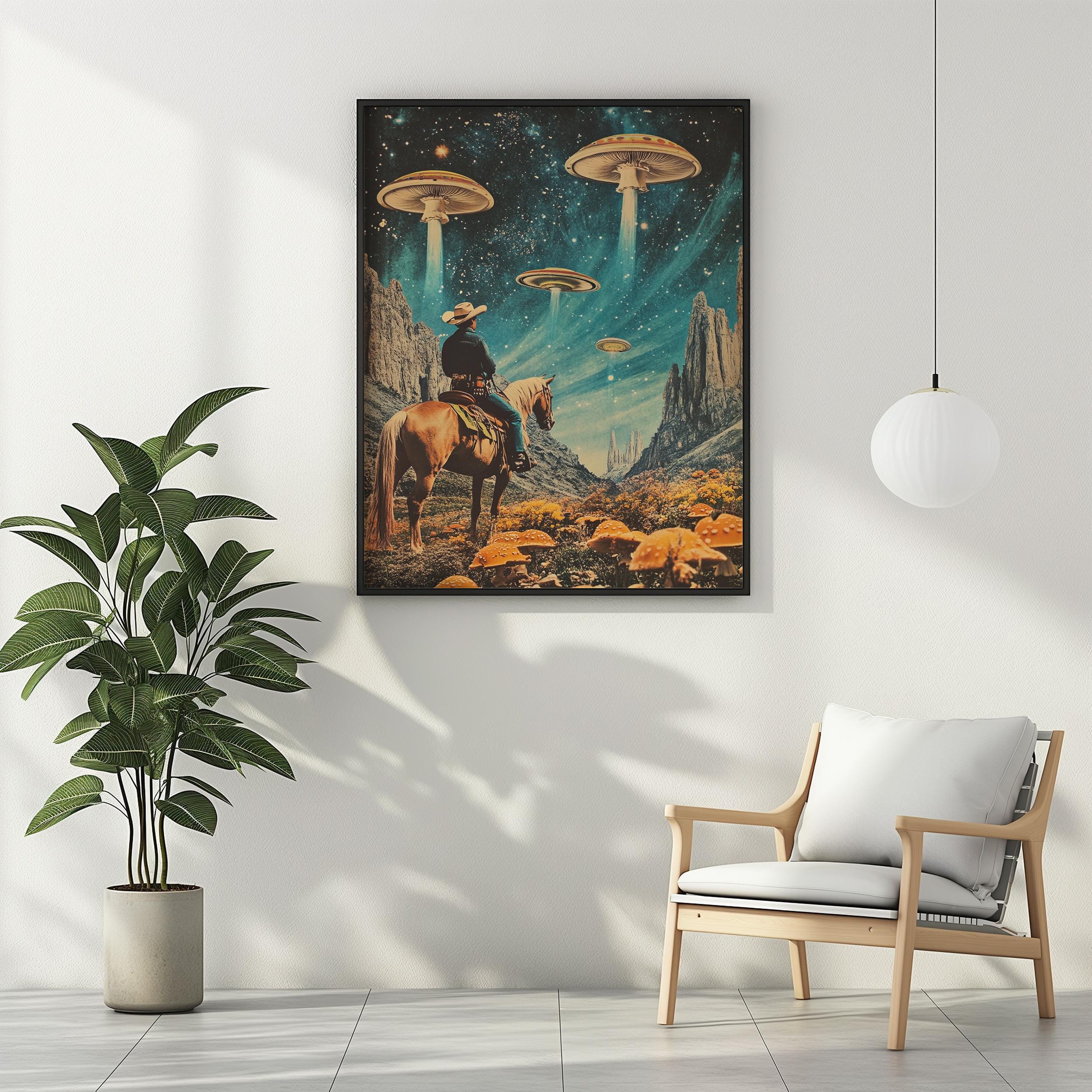 Cowboy Riding Horse Vintage Collage Wall Art Mushroom UFO Trippy ...