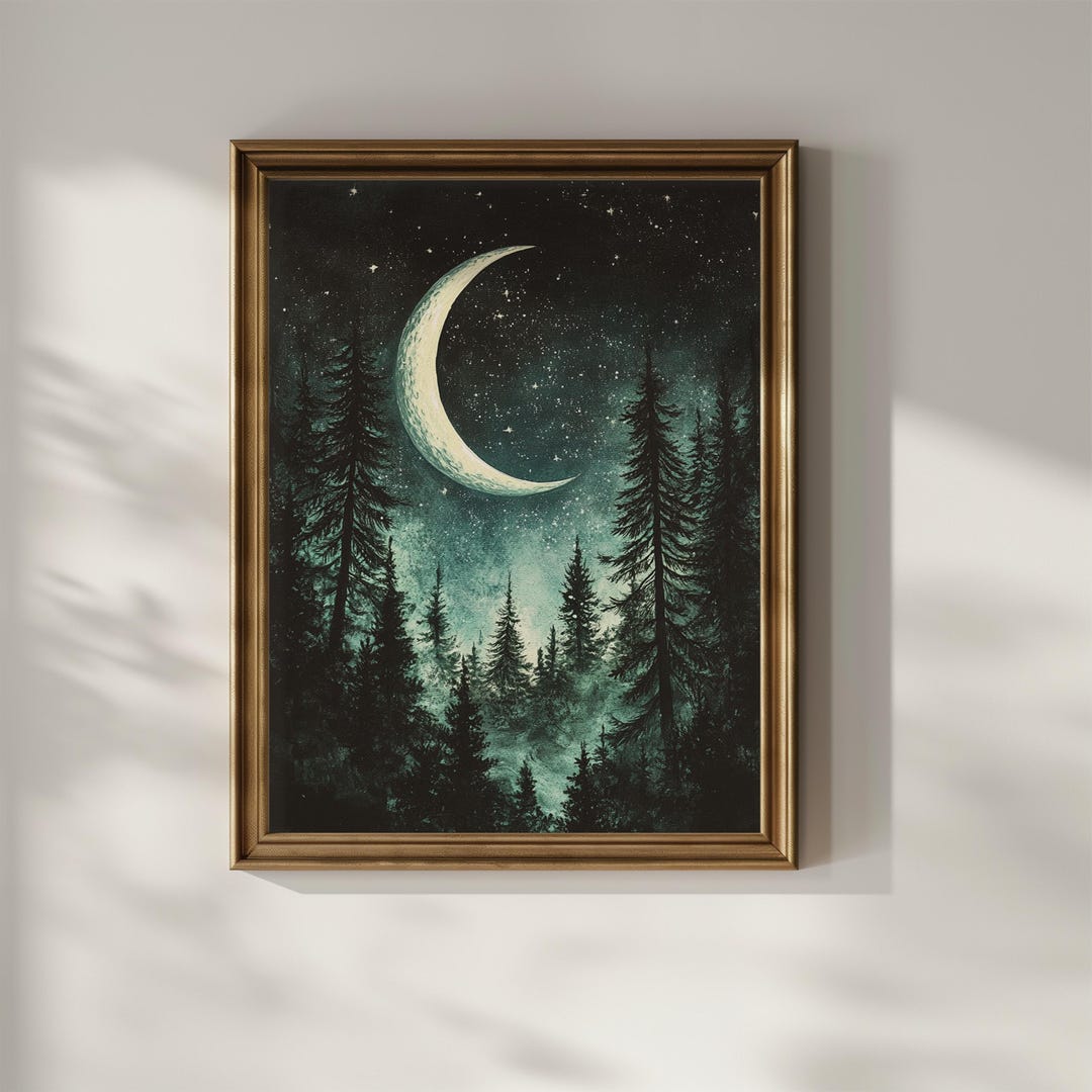 Dark Forest Crescent Moon Poster Print Celestial Wall Art Artful Trendy ...