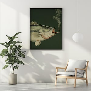 Pode incluir: Uma impress&atilde;o art&iacute;stica emoldurada com uma ilustra&ccedil;&atilde;o detalhada de um peixe com um cigarro na boca, exalando fumo. O peixe &eacute; retratado em tons de cinza, branco e vermelho sobre um fundo verde escuro. A obra de arte est&aacute; em uma moldura preta.