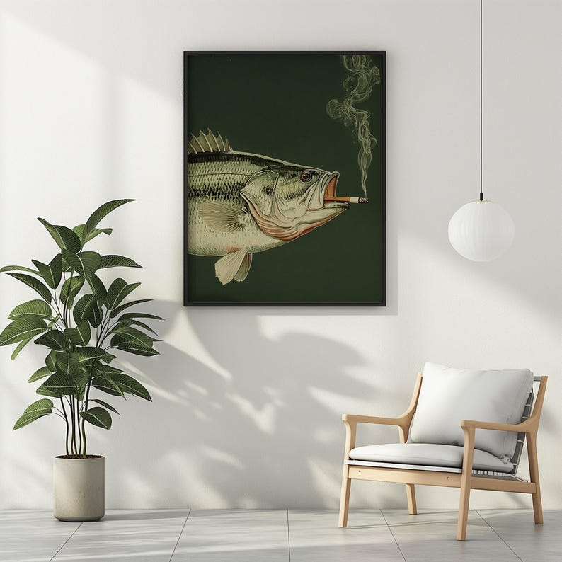 Pode incluir: Uma impress&atilde;o art&iacute;stica emoldurada com uma ilustra&ccedil;&atilde;o detalhada de um peixe com um cigarro na boca, exalando fumo. O peixe &eacute; retratado em tons de cinza, branco e vermelho sobre um fundo verde escuro. A obra de arte est&aacute; em uma moldura preta.