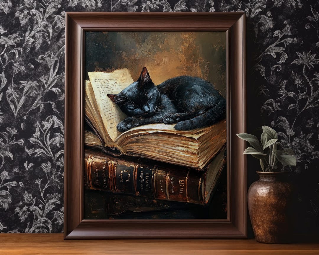 Black Cat Book Poster Print Antique Book Lover Wall Art Dark Academia ...