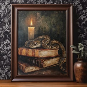 Póster de libro de serpientes, impresión de fantasía de brujas, amante de los libros, arte de pared, decoración de pared de academia oscura, pintura al óleo vintage antigua, regalo de ratón de biblioteca, póster mate