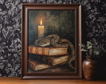 Snake Book Poster Print Witchy Fantasy Book Lover Wall Art Dark Academia Wall Decor Antique Vintage Oil Painting Bookworm Gift Matte Poster