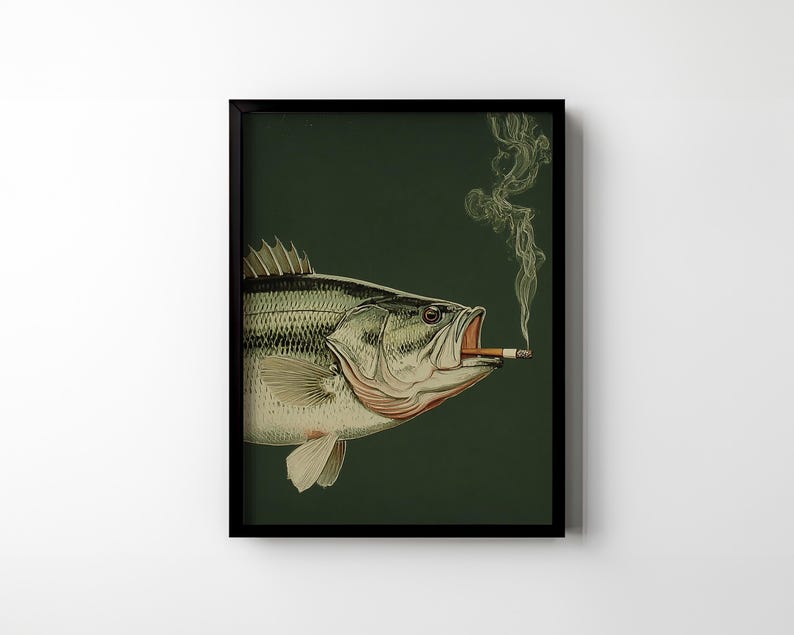 Pode incluir: Impress&atilde;o art&iacute;stica emoldurada com uma ilustra&ccedil;&atilde;o detalhada de um peixe fumando um cigarro, com fuma&ccedil;a saindo da boca. O peixe &eacute; retratado em tons de cinza, branco e vermelho sobre um fundo verde escuro. A obra de arte est&aacute; emoldurada em preto.