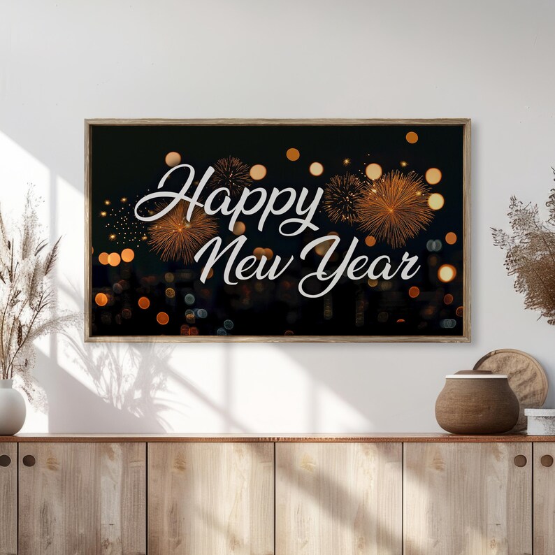 Frame TV Art Happy New Year 2025 Neutral Minimalistic NYE Golden