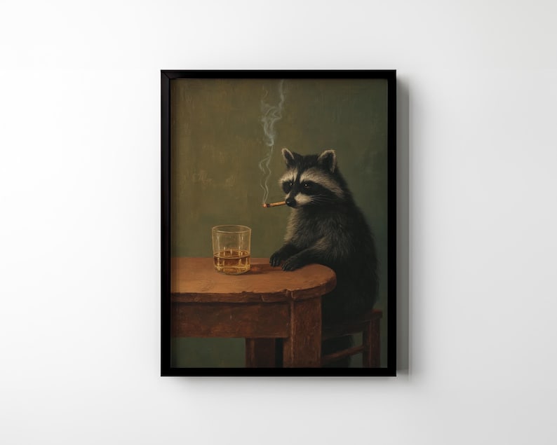 May include: A framed art print featuring a raccoon sitting at a small wooden table, smoking a cigarette, and with a glass of amber liquid. The raccoon is depicted in a realistic style against a muted green background.