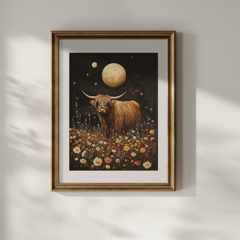 Celestial Highland Cow Wildflowers Wall Art Full Moon Printable Floral
