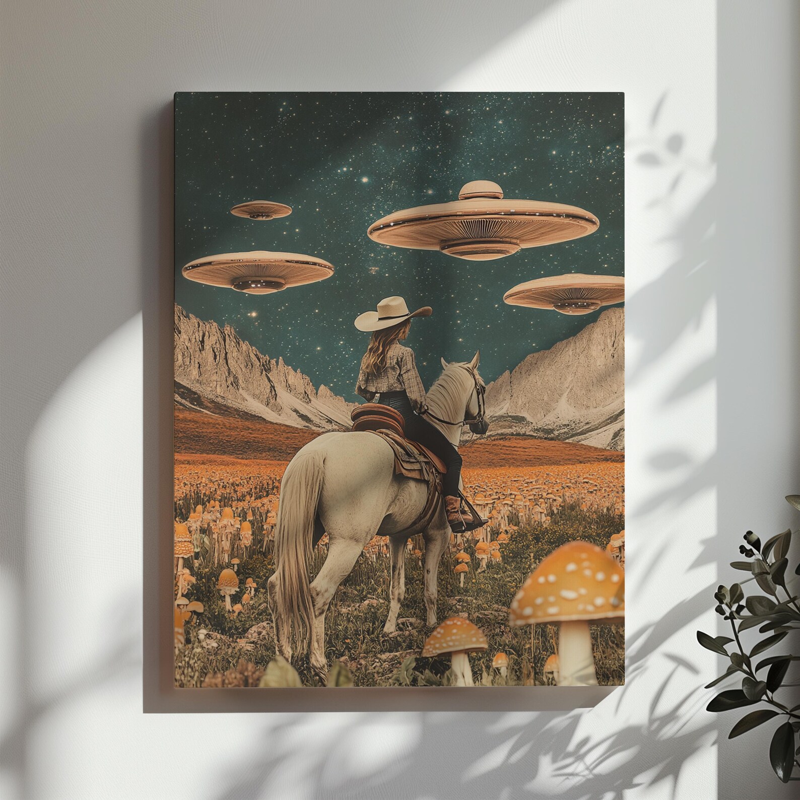 Cowgirl Riding Horse Vintage Collage Wall Art Mushroom UFO Trippy ...