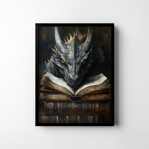 May include: A painting of a grey dragon with yellow eyes reading a stack of old books. The dragon is depicted in a realistic style with detailed scales and a fierce expression.