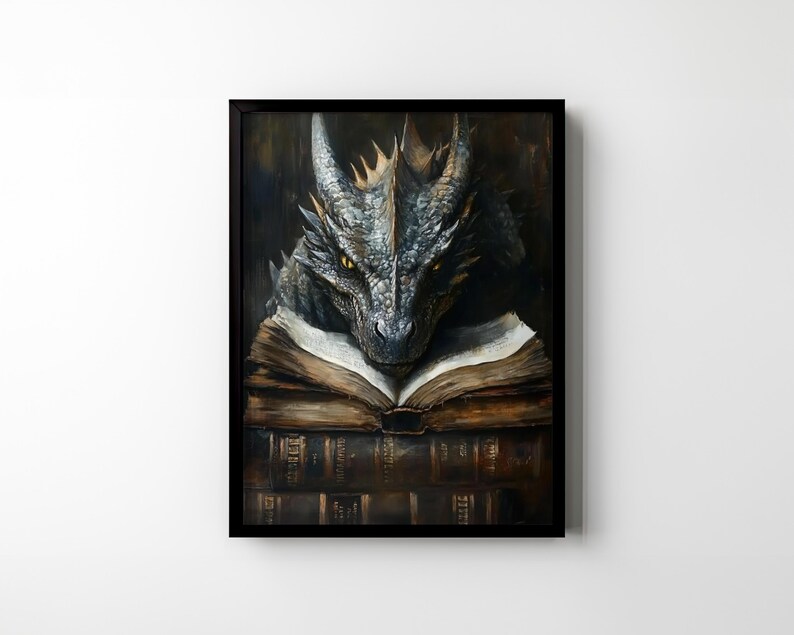 May include: A painting of a grey dragon with yellow eyes reading a stack of old books. The dragon is depicted in a realistic style with detailed scales and a fierce expression.