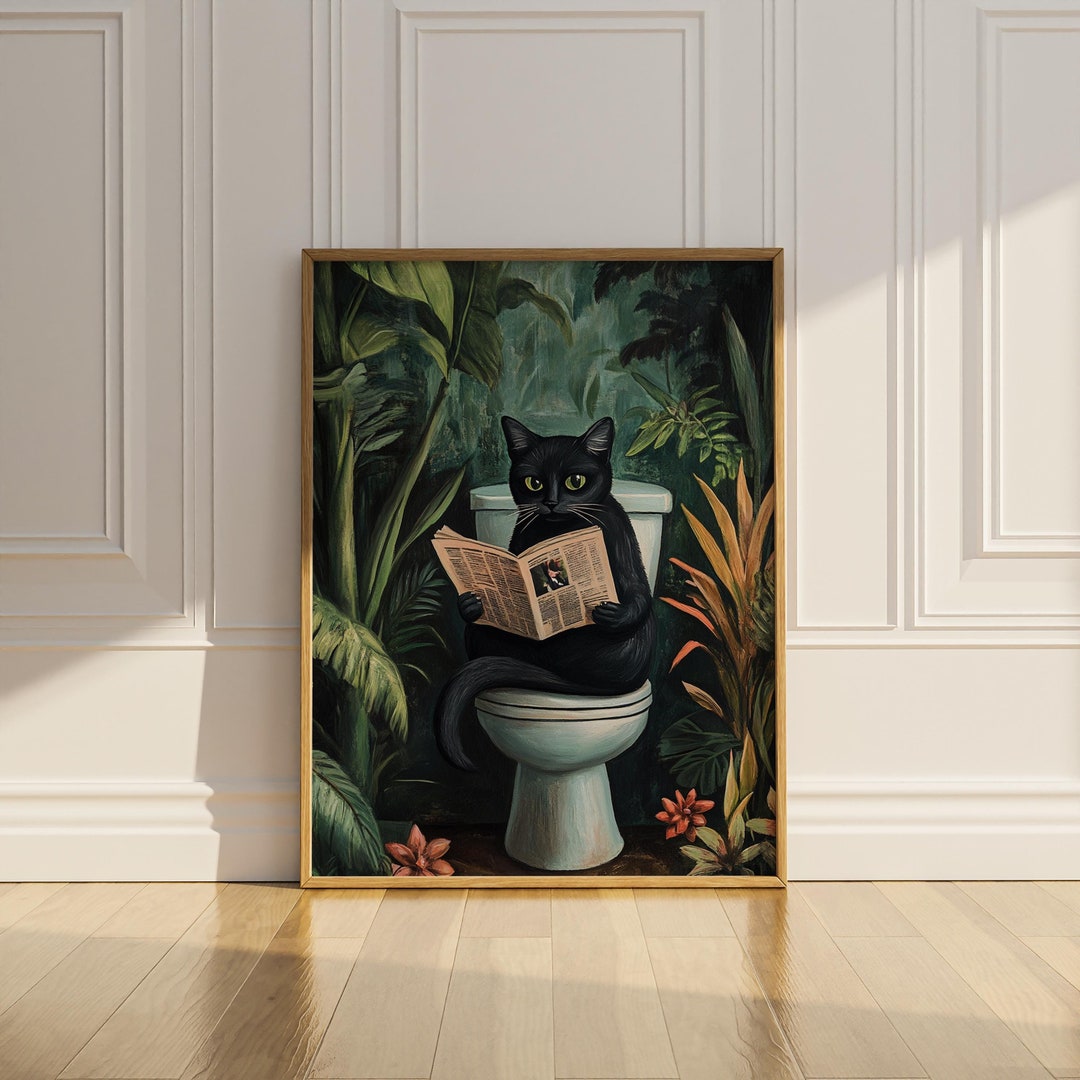 Funny Black Cat Toilet Print – Tropical Bathroom Wall Art - Etsy