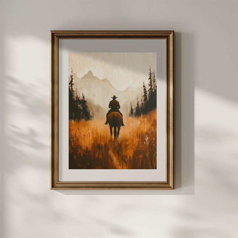 Cowboy Riding Horse Wall Art Vintage Minimalist Printable Wall Decor