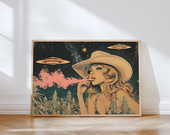 Cowgirl Smoking Cannabis UFO Printable Wall Art Stoner Psychedelic Pink Smoke Weed Wall Decor Western Pothead Poster Print Digital Download