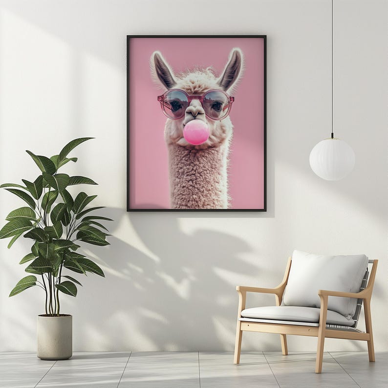 May include: A white llama with pink sunglasses and a pink bubble blowing out of its mouth. The llama is against a pink background.