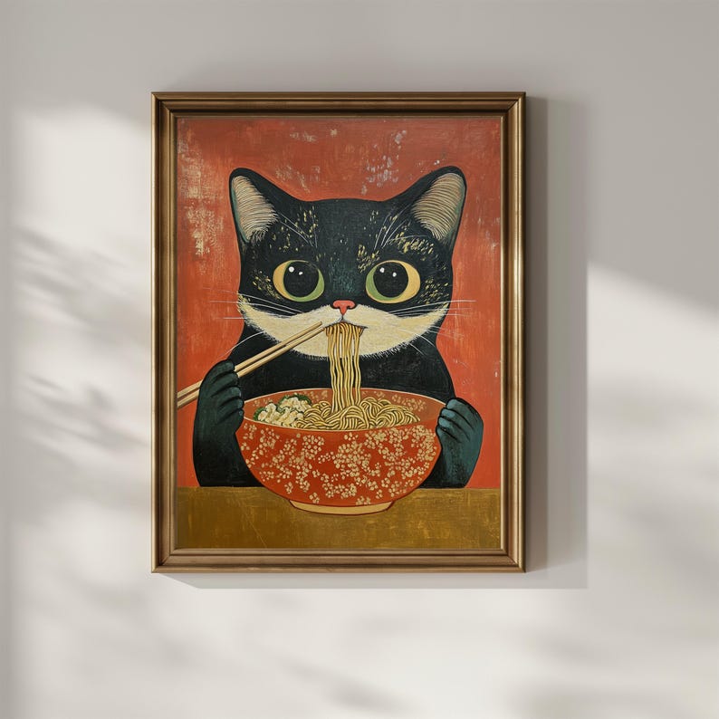 Cat Eating Ramen Poster Print Wall Art Vintage Japanese Kitchen Wall ...