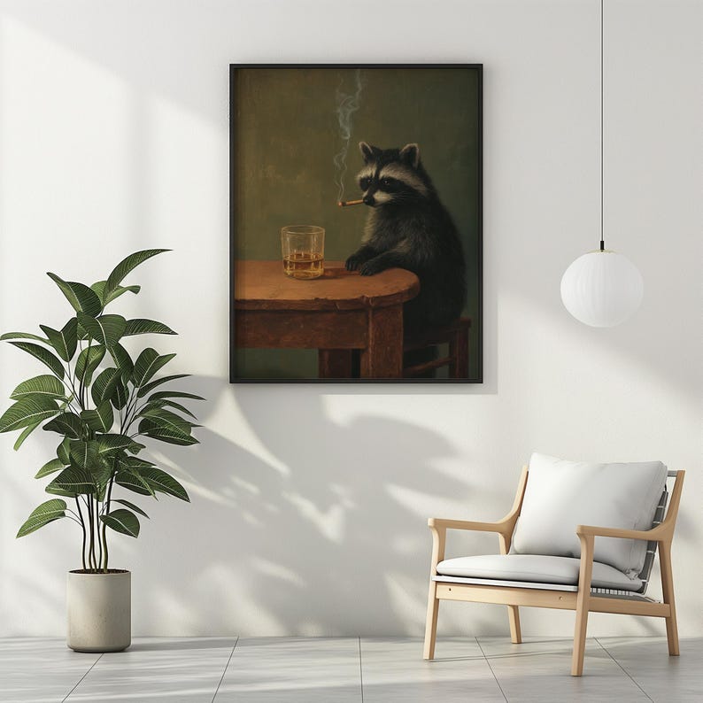 May include: A framed art print depicts a raccoon seated at a small wooden table, smoking a cigarette and with a glass of amber liquid. The raccoon is dark gray and black, with a white face. The background is a muted green.
