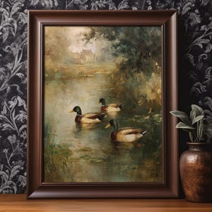 Mallard Duck Lake Wall Art Print Duck Hunting Vintage Oil Painting Soft Muted Rustic Farmhouse Wall Decor Duck Hunter Gift Digital Download
