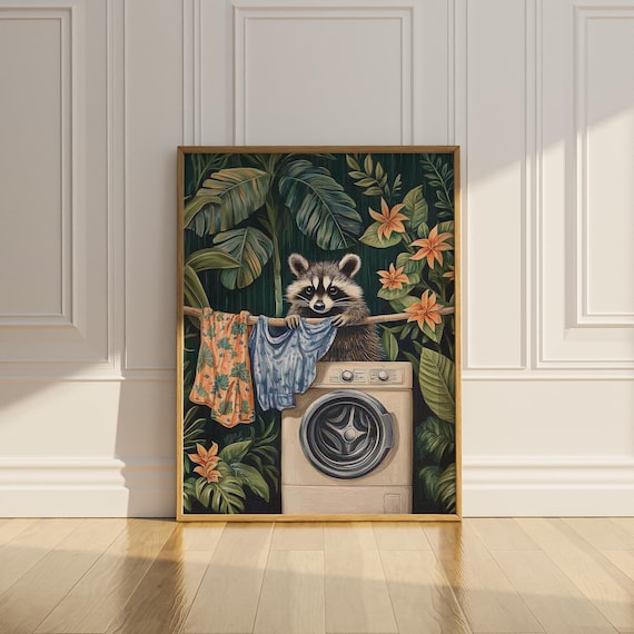 Raccoon Laundry Room Wall Decor Funny Raccoon Lover Washing Machine Printable Wall Art Tropical Plants Botanical Bathroom Digital Download