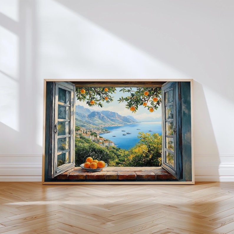 May include: A painting of a window with a view of a coastal town and ocean. The window is open and there are oranges in a bowl on the windowsill.