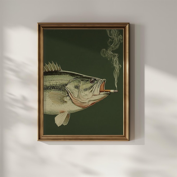 Smoking Largemouth Bass Wall Art Funny Fishing Wall Decor Fish Fisherman Matte Poster