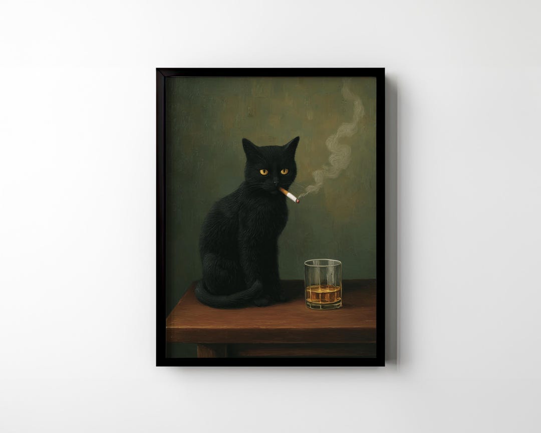 Black Cat Wall Art Print Funny Smoking Cat Wall Decor Moody Dark ...